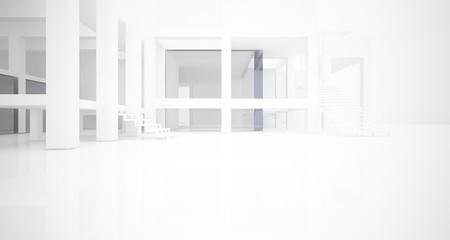 Abstract architectural white interior of a minimalist house with large windows.. 3D illustration and rendering.