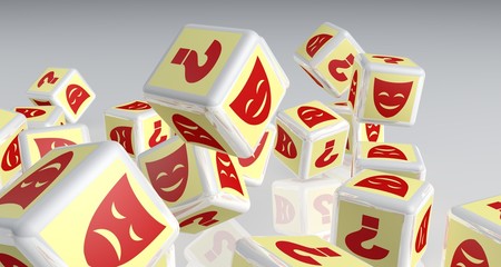 3D rendering. Dice with theatrical signs and a question mark.