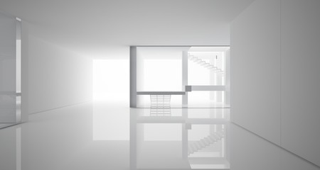 Abstract architectural white interior of a minimalist house with large windows.. 3D illustration and rendering.