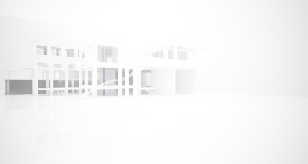 Abstract architectural white interior of a minimalist house with large windows.. 3D illustration and rendering.