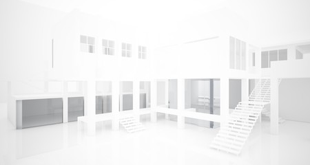 Abstract architectural white interior of a minimalist house with large windows.. 3D illustration and rendering.