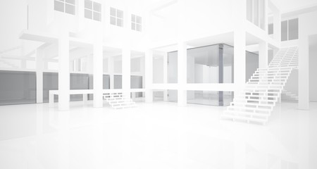Abstract architectural white interior of a minimalist house with large windows.. 3D illustration and rendering.