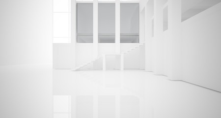 Abstract architectural white interior of a minimalist house with large windows.. 3D illustration and rendering.