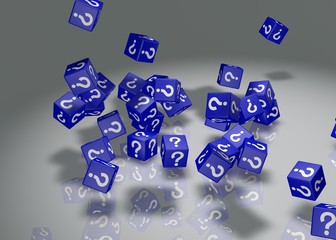 3D rendering. Dice with a question mark.