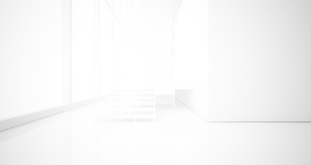 Abstract architectural white interior of a minimalist house with large windows.. 3D illustration and rendering.