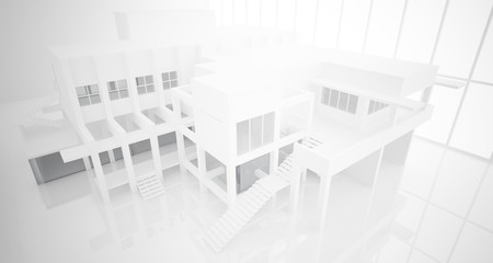 Abstract architectural white interior of a minimalist house with large windows.. 3D illustration and rendering.