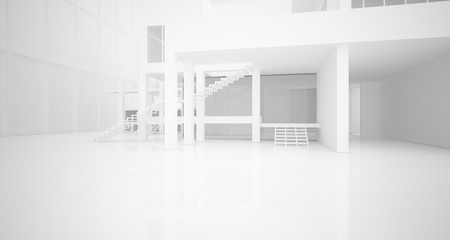Abstract architectural white interior of a minimalist house with large windows.. 3D illustration and rendering.