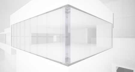 Abstract architectural white interior of a minimalist house with large windows.. 3D illustration and rendering.