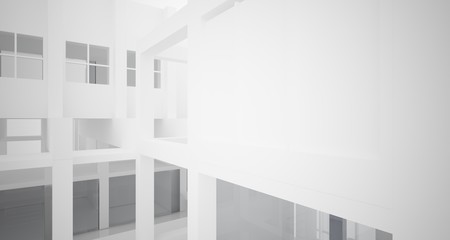 Abstract architectural white interior of a minimalist house with large windows.. 3D illustration and rendering.