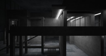 Abstract architectural concrete interior of a minimalist house with neon lighting. 3D illustration and rendering.