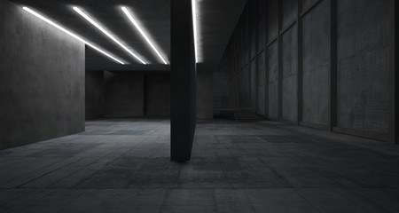 Fototapeta premium Streszczenie wnętrza z betonu architektonicznego minimalistycznego domu z oświetleniem neonowym. Ilustracja i renderowanie 3D.