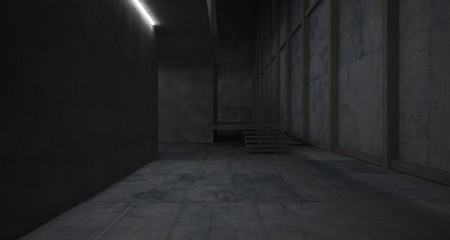 Abstract architectural concrete interior of a minimalist house with neon lighting. 3D illustration and rendering.