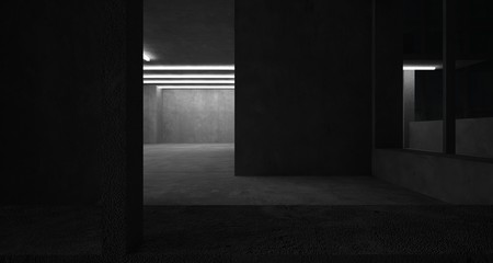 Abstract architectural concrete interior of a minimalist house with neon lighting. 3D illustration and rendering.