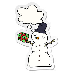 cartoon snowman and thought bubble as a printed sticker