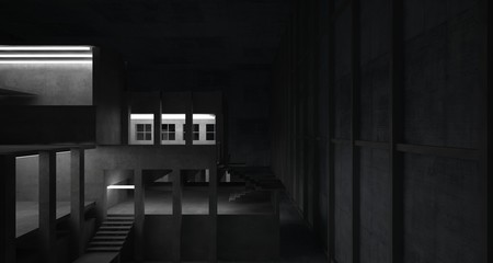 Abstract architectural concrete interior of a minimalist house with neon lighting. 3D illustration and rendering.