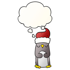 cartoon christmas penguin and thought bubble in smooth gradient style