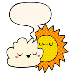 cartoon sun and cloud and speech bubble in comic book style