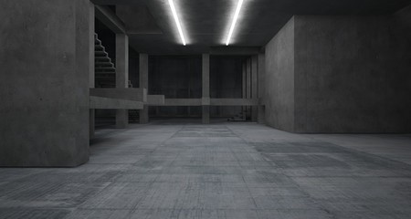 Abstract architectural concrete interior of a minimalist house with neon lighting. 3D illustration and rendering.