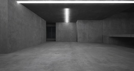 Abstract architectural concrete interior of a minimalist house with neon lighting. 3D illustration and rendering.