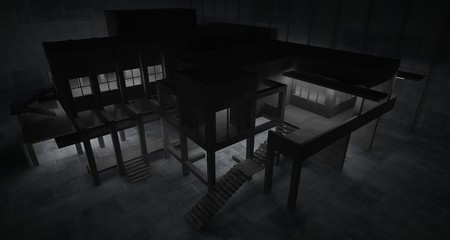 Abstract architectural concrete interior of a minimalist house with neon lighting. 3D illustration and rendering.