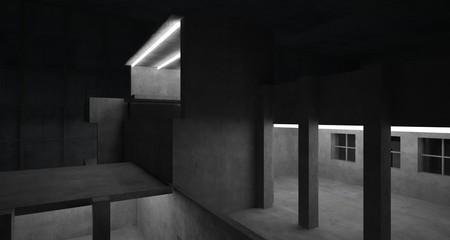 Abstract architectural concrete interior of a minimalist house with neon lighting. 3D illustration and rendering.