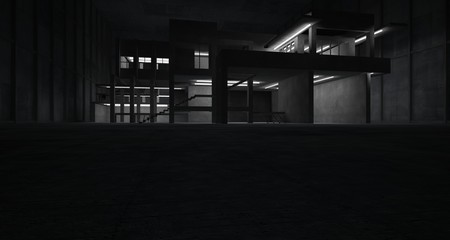 Abstract architectural concrete interior of a minimalist house with neon lighting. 3D illustration and rendering.