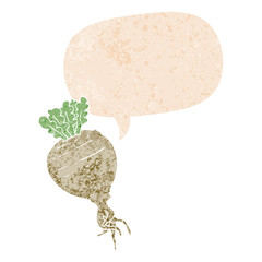 cartoon root vegetable and speech bubble in retro textured style