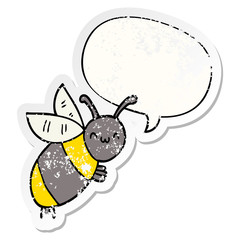 cute cartoon bee and speech bubble distressed sticker