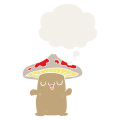 cartoon mushroom creature and thought bubble in retro style