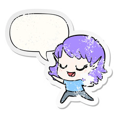 carton happy elf girl dancing and speech bubble distressed sticker