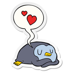 cartoon penguin and love hearts and speech bubble sticker