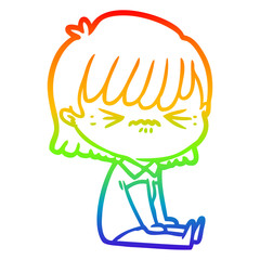rainbow gradient line drawing annoyed cartoon girl sitting
