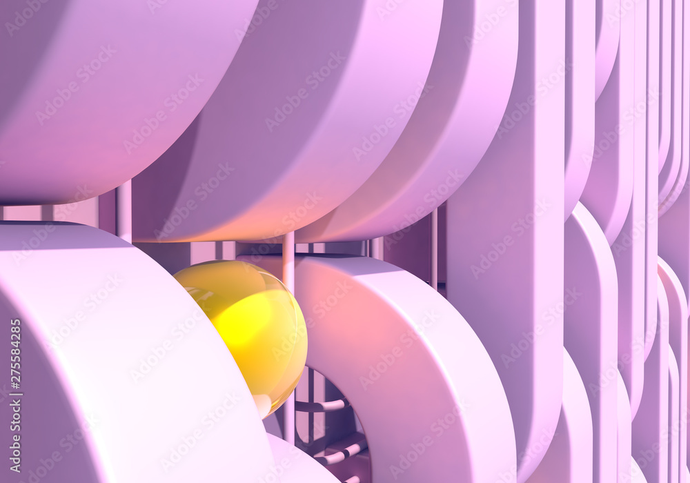 Poster abstract background with pink square pipes and shiny golden balls