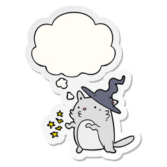 cartoon cat wizard and thought bubble as a printed sticker