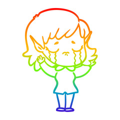 rainbow gradient line drawing cartoon crying elf girl