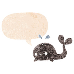 cute cartoon whale and speech bubble in retro textured style