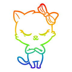 rainbow gradient line drawing cute cartoon cat with bow