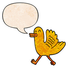 cartoon duck and speech bubble in retro texture style