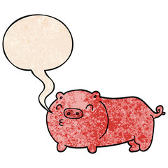 cartoon pig and speech bubble in retro texture style