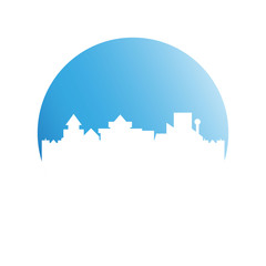 city tower building in blue circle button