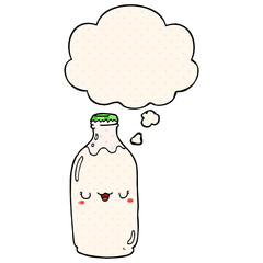 cute cartoon milk bottle and thought bubble in comic book style