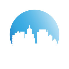 city tower building in blue circle button