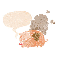cartoon smelly pig and speech bubble in retro textured style