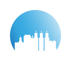 city tower building in blue circle button