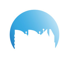 city tower building in blue circle button