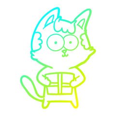 cold gradient line drawing happy cartoon cat with present