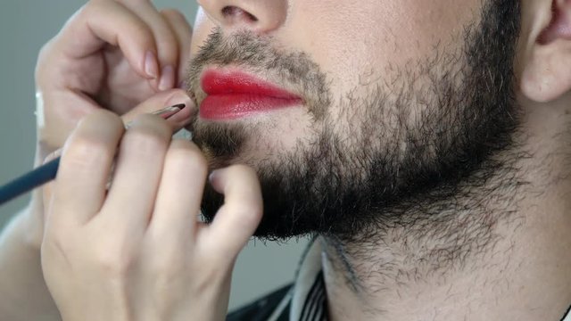 Bearded Metrosexual Man Get Painting Lips