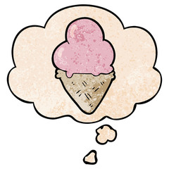 cartoon ice cream and thought bubble in grunge texture pattern style