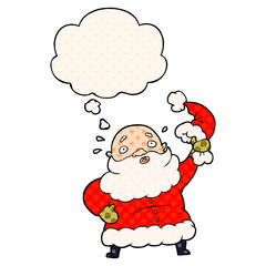 cartoon santa claus waving hat and thought bubble in comic book style