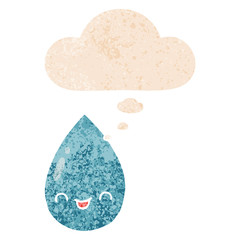 cartoon cute raindrop and thought bubble in retro textured style